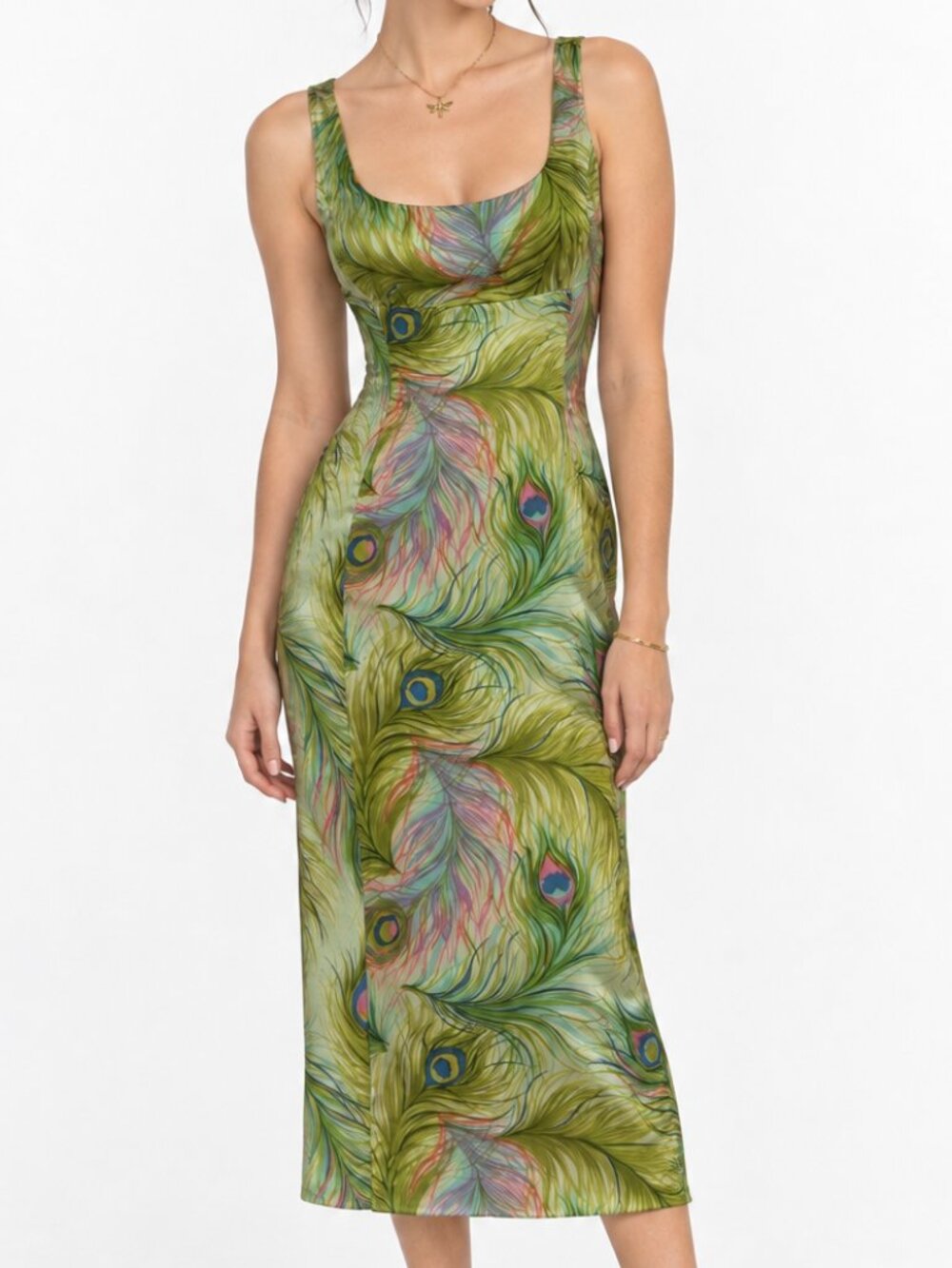 Nanette Lepore Vintage Dress Y2k Silk Peacock Feather Sleeveless Body Con Midi